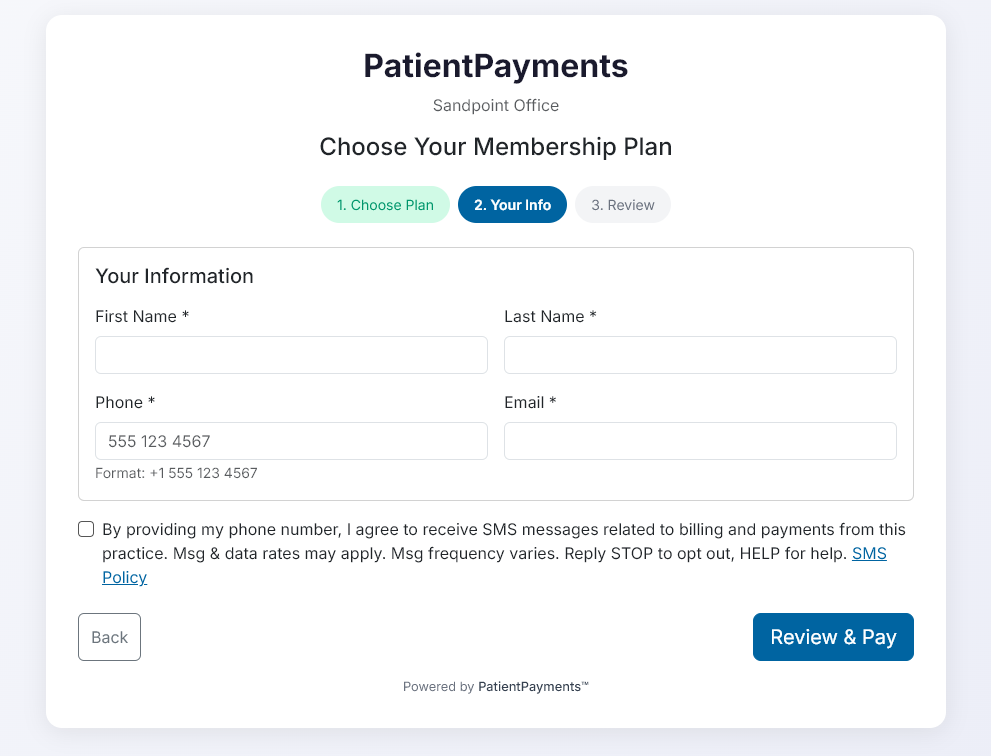 Screenshot of SMS consent checkbox on PatientPayments membership enrollment page